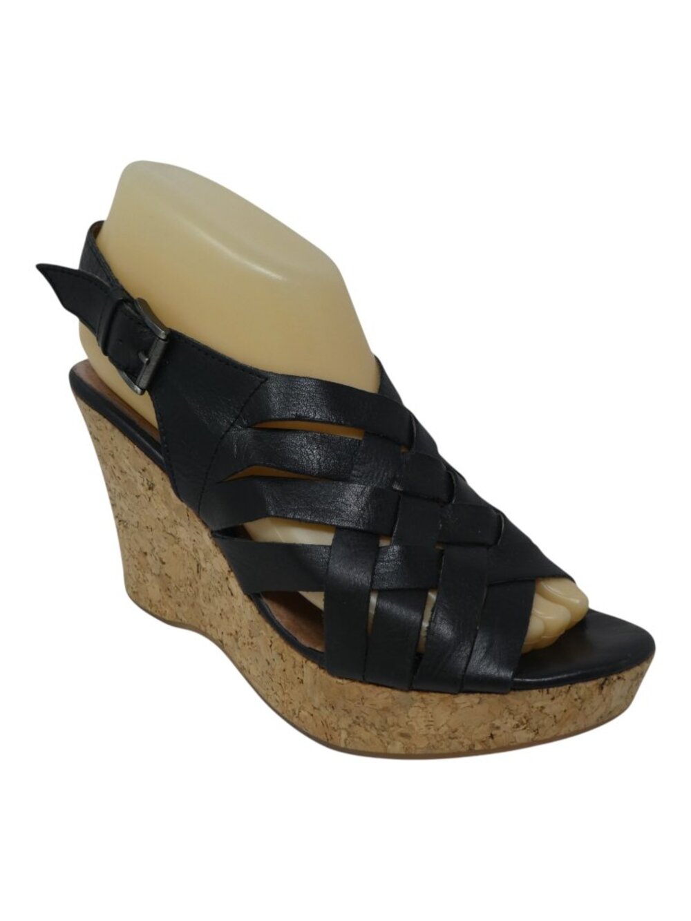 Garnet Hill Black Leather Open Toe Cork Wedge Heel Sandals